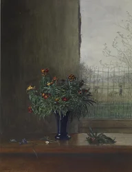 Váza s květinami u otevřeného okna, 1864 (wc, pero a inkoust a tužka na papíře)